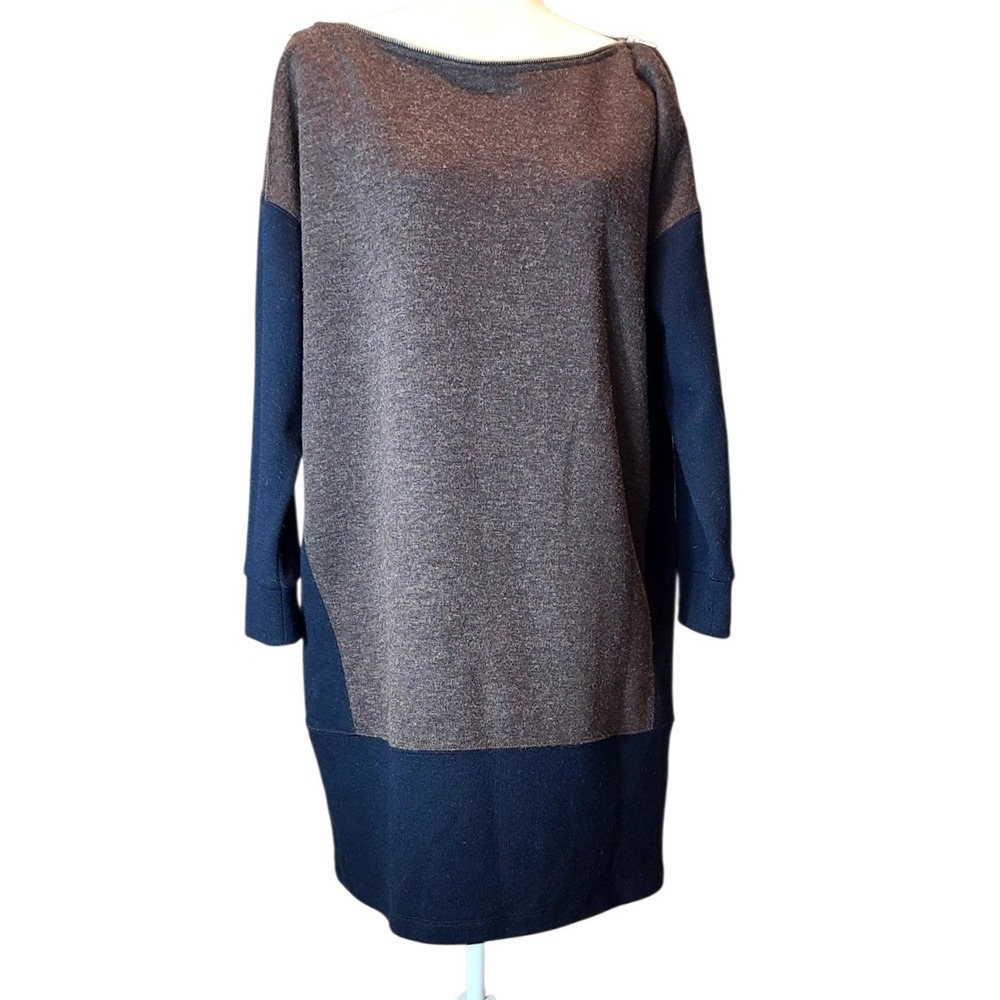Madewell Wool Blend Colorblock Zip Shoulder Shift Dress Brown Navy Womens XL
